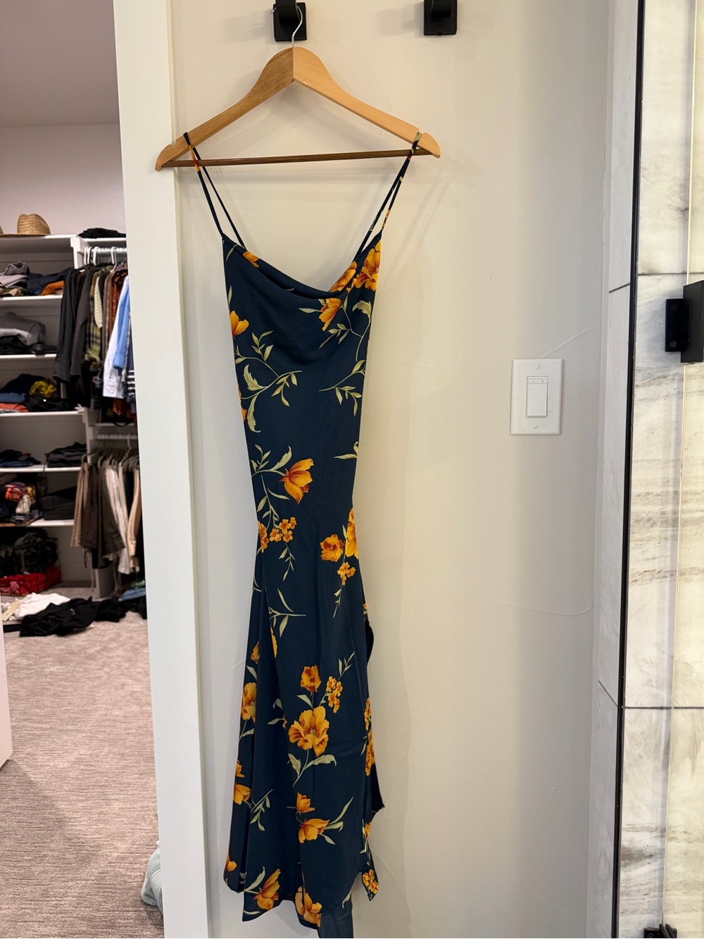 ASTR Navy Blue Midi Slip Dress with Yellow Floral Print